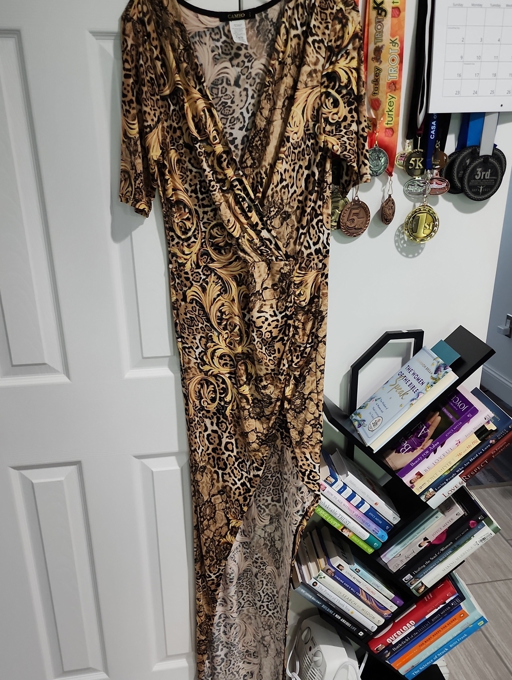 cameo Gold and Brown Animal Print Wrap Maxi Dress